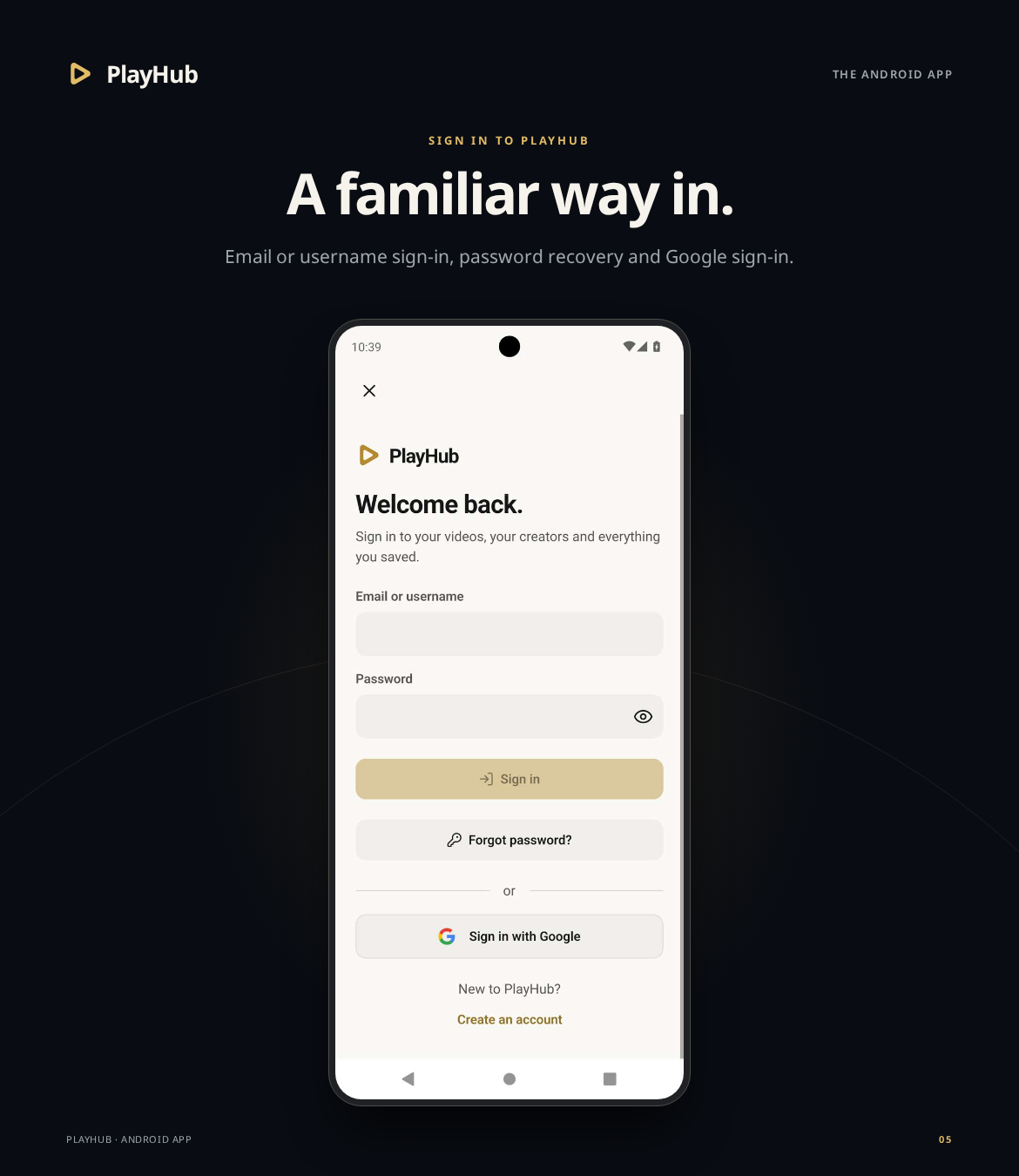 PlayHub Android app — sign in screenshot presentation