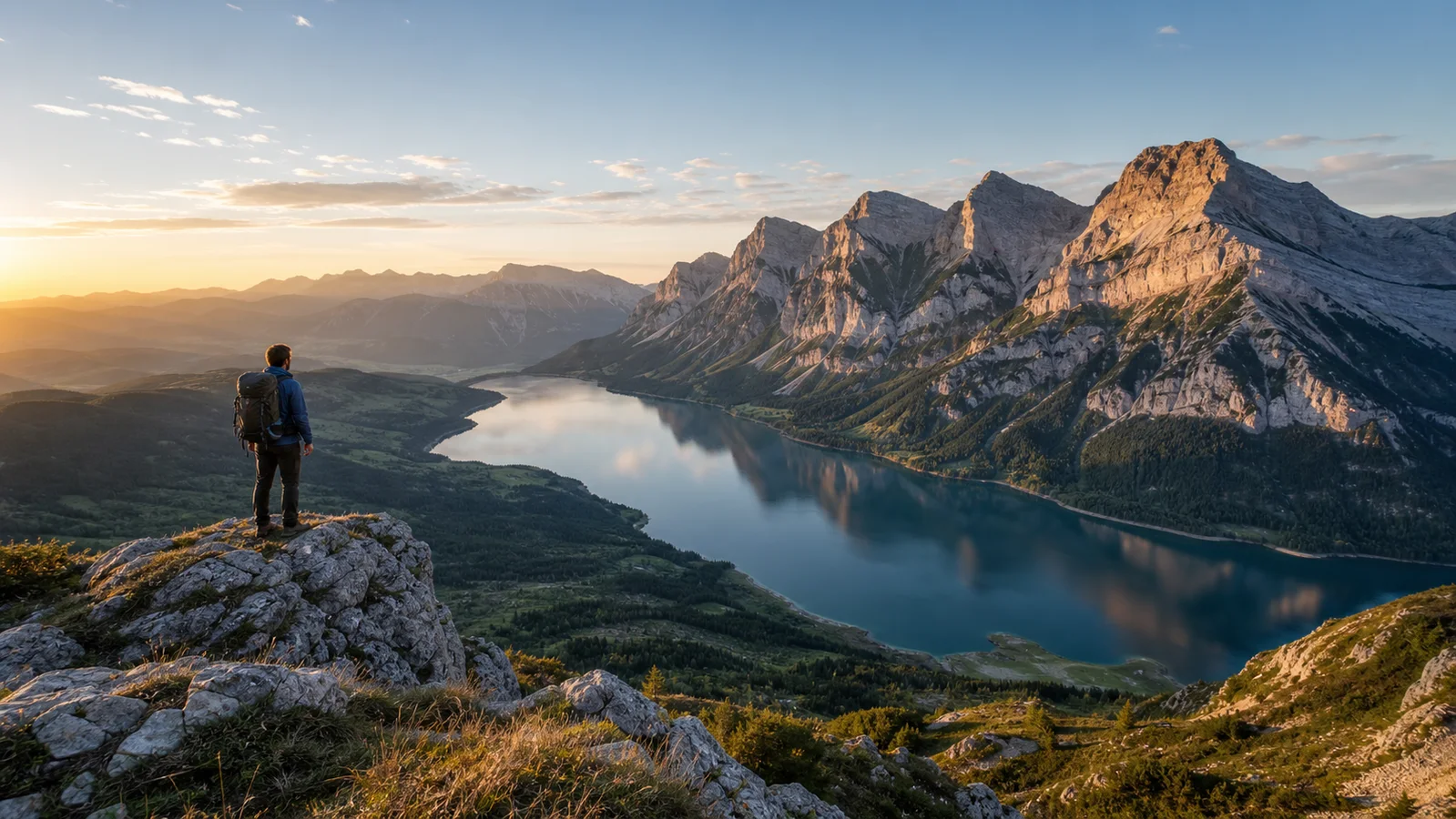A creator overlooking a mountain range and alpine lake