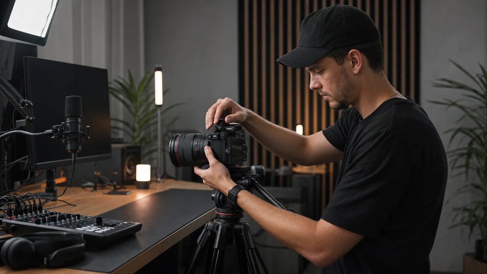 Creator preparing video production equipment